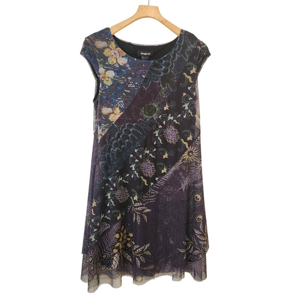 Desigual  Sleeveless Floral Patchwork Midi Dress Flowy Sheer Dark Bohemian Fairy